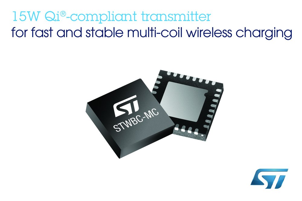 Advanced Qi&reg;-Compliant Transmitter from STMicroelectronics Ensures Fast and Stable 15W Multi-Coil Wireless Charging for Mobile Devices